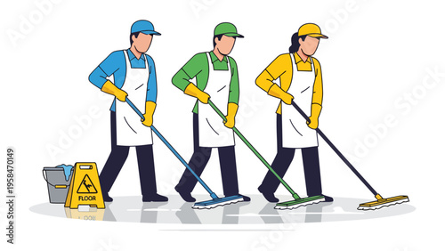 Clean Team: Three industrious cleaners in uniform diligently sweeping, creating a picture of workplace cleanliness and tidiness.