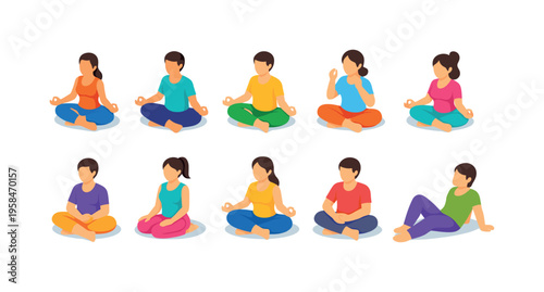 Diverse group of people meditating in colorful athletic wear, promoting wellness