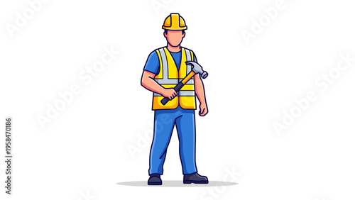Construction Worker with Hammer: A construction worker stands confidently, holding a hammer. The worker wears a safety vest and helmet, embodying industry and expertise.