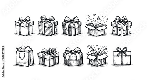 Collection of hand-drawn gift boxes and shopping bag in sketch style