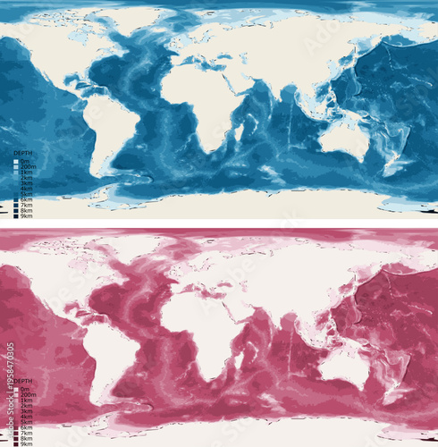 World Atlantic Centered Bathymetric Ocean Depth Map - Equirectangular Projection - Scalable Multi-Color Seafloor Relief Topography with Depth Legend Showing Continental Shelves Mid-Ocean Ridges and