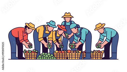 Harvest Time: A collective of farmers diligently sorts and gathers a bountiful array of freshly harvested crops. This illustration encapsulates the essence of agriculture.