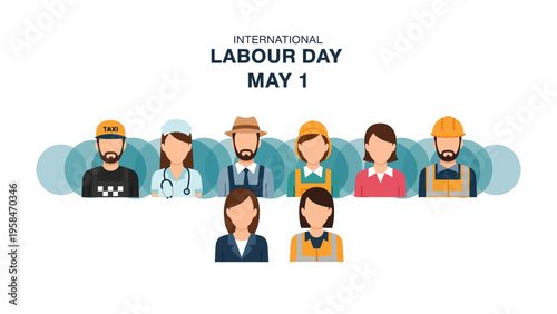 International Labour Day Celebration: A graphic design highlighting various workers, celebrating the International Labour Day on May 1st.