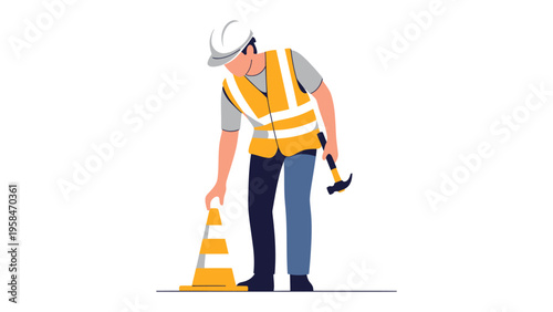 Construction Worker: A construction worker is meticulously placing a safety cone at a construction site, emphasizing the importance of safety.