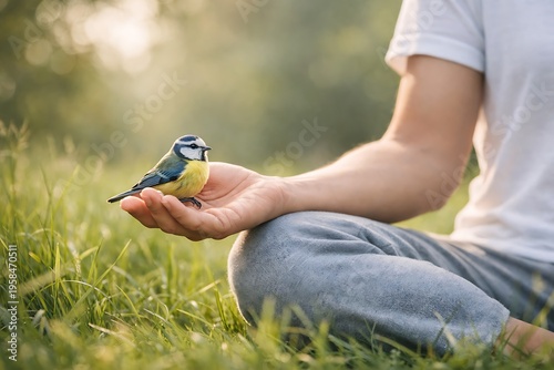 A person meditating outdoors with a small blue tit bird perched gently on their open palm.