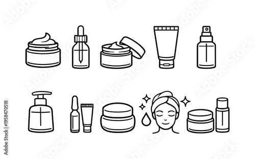 Collection of cosmetic and skincare product icons for beauty routines