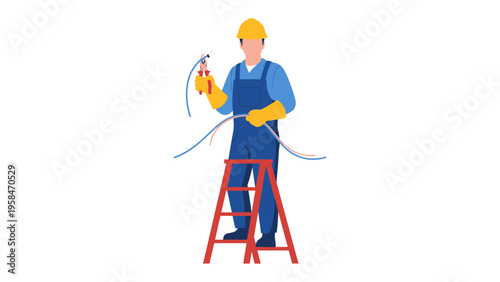 Electrician at Work: An electrician, donned in protective attire, meticulously works with electrical wires on a step ladder, demonstrating technical expertise and precision.