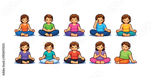Collection of pixel art characters meditating in various yoga poses and colorful outfits