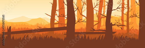Autumn background with yellow dead tree silhouette for seasonal fall banner