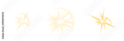 Set of golden glowing starburst flash light effects isolated on dark background abstract energy flare collection design.