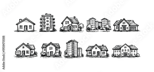 Collection of hand-drawn houses and apartment buildings in a sketch style