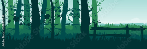 Moody dark green woodland vector illustration for creative mystery presentation header