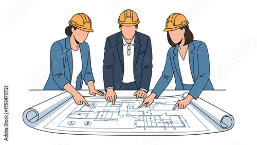 Architects at the Blueprint: Three architects, wearing yellow hard hats, gather around a large blueprint, meticulously discussing the design plans of the project
