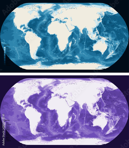 World Atlantic Centered Bathymetric Ocean Depth Map - Natural Earth Projection - Scalable Multi-Color Seafloor Relief Topography with Depth Legend Showing Continental Shelves Mid-Ocean Ridges and