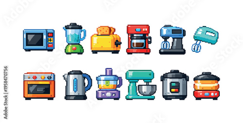 Pixel art collection of various kitchen appliances in a retro style