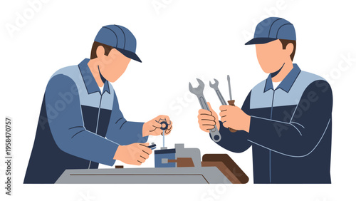 Workshop Technician Illustration: Two skilled technicians at work in the workshop, meticulously utilizing tools to repair machinery, illustrating dedication and expertise.