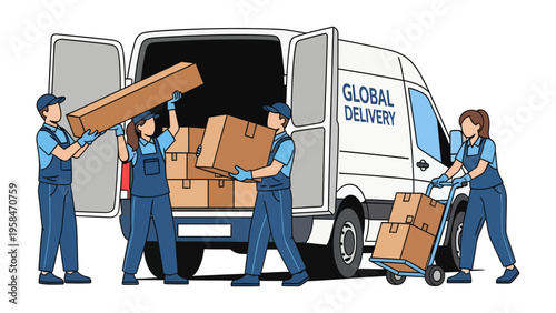 Logistics Harmony: a team orchestrates the loading and unloading of parcels and freight into a delivery truck, ensuring a swift and organized transport process. 