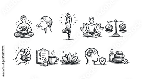 Collection of hand-drawn icons representing mindfulness, meditation, and well-being concepts