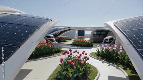Bloom Tech Sustainability : Solar panels atop a futuristic building showcasing sustainable architecture, with blossoming flowers in foreground.