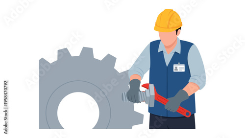 Mechanic at Work: A skilled mechanic, equipped with protective gear and essential tools, meticulously works on a large gear, showcasing precision and dedication in the field of mechanics.