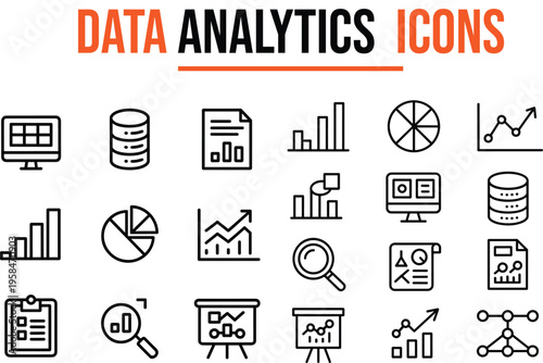 A collection of data analytics and business statistics line icons including charts, graphs, and reports.