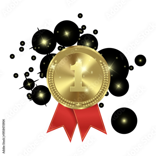 Golden first place award medal with red ribbon and sparkling stars isolated on dark background victory achievement concept.