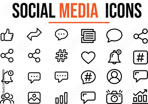 A set of black line social media icons including like share comment heart and hashtag symbols