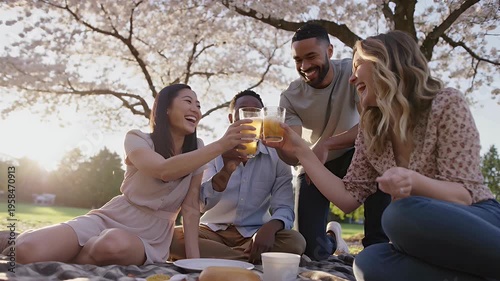 Spring Diversity Picnic: A cheerful group celebrates friendship with drinks at a sunny outdoor picnic under a blossoming tree, capturing a sense of joy, togetherness, and the simple pleasures of life.