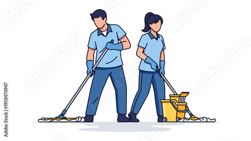 Clean Team: A dedicated cleaning service team of two, a man and a woman, meticulously maintain cleanliness with mops and cleaning equipment, symbolizing hygiene.