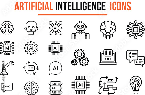 Artificial intelligence icons set featuring robots, brains, microchips, and machine learning symbols.