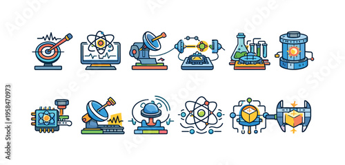 Collection of science and technology icons representing research and innovation