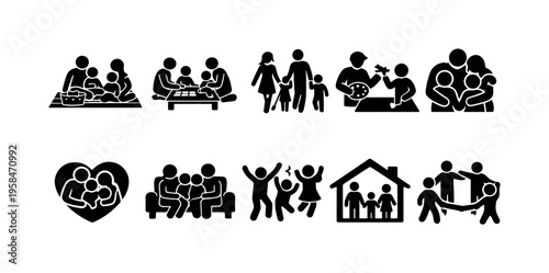 Diverse family activities and bonding moments depicted in simple stick figure icons