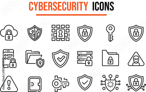 Set of black and white cybersecurity line icons for network protection and data privacy.