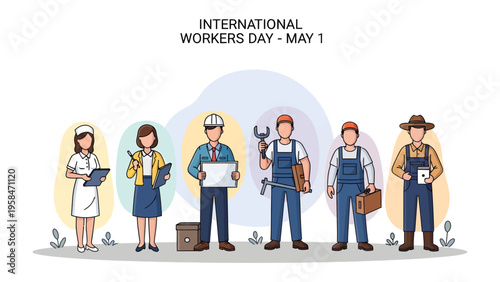 International Worker's Day: A diverse group of workers, each representing a different profession, stands united to commemorate International Worker's Day.
