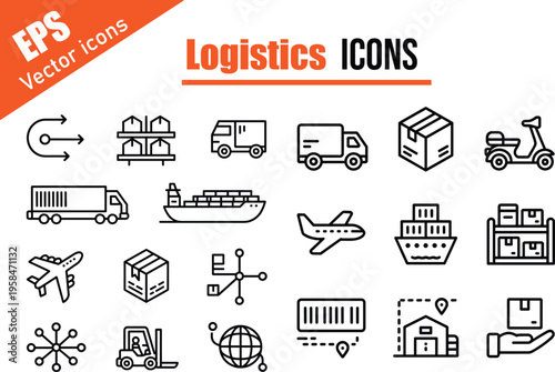 Logistics and transportation vector icons set for delivery shipping and warehouse management.