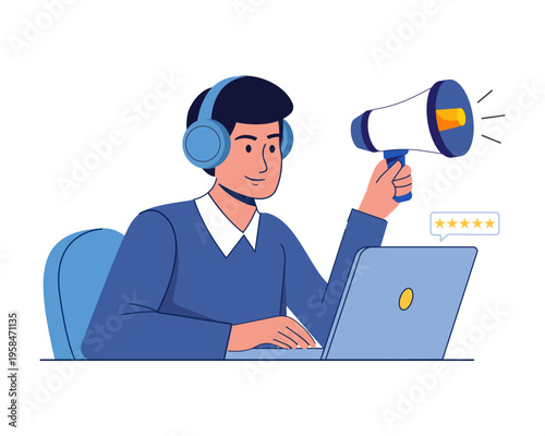 Announcing important news or a promotion with a megaphone affiliate marketing online network advertising