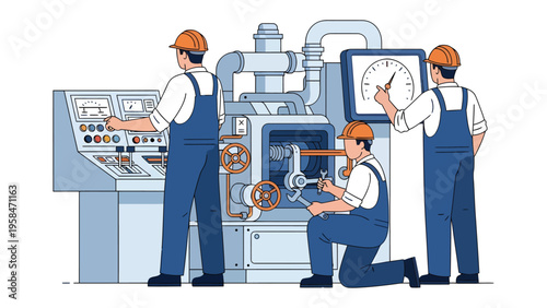 Engineers at Work: A team of skilled engineers meticulously operates and maintains complex machinery, showcasing their expertise and dedication to industrial processes.