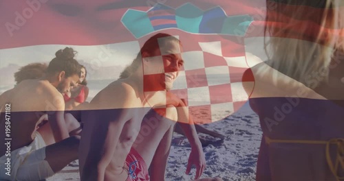 Relaxing on beach, people with Croatian flag animation overlaying scene