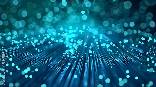Glowing blue data particles flowing in perspective lines. Abstract digital information stream background. Futuristic technology concept for AI, big data, and analytics