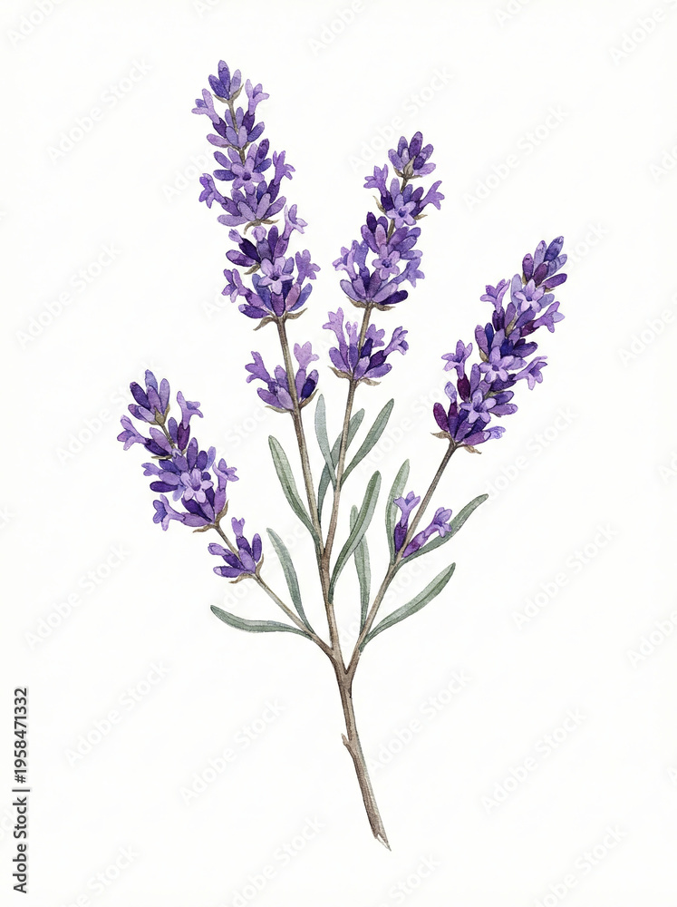 Obraz premium Purple lavender herb branch watercolor hand painted botanical illustration isolated on white background aromatherapy