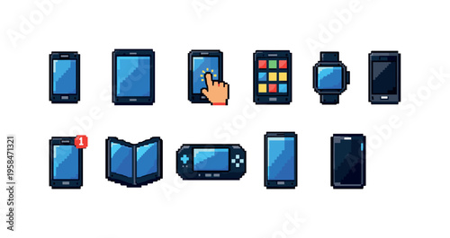 Collection of pixel art icons representing various modern electronic devices and gadgets