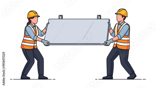 Construction Crew Collaboration: A dynamic duo of construction workers, clad in safety attire, demonstrating teamwork and precision as they lift a heavy construction material.