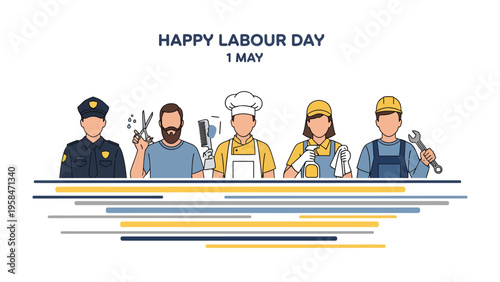 Happy Labour Day Illustration: A vibrant illustration for Labour Day, featuring various professions representing the workforce in a celebratory banner.