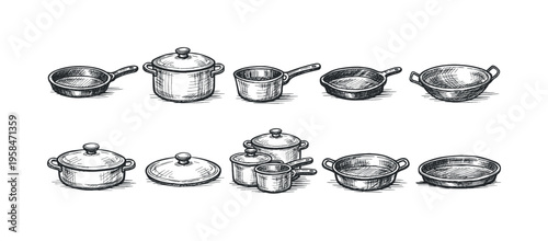 Collection of hand-drawn kitchen cookware and pots with lids
