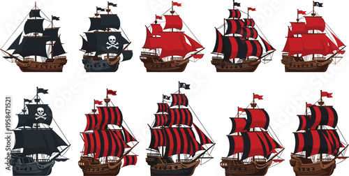 Pirate Galleon and Tall Ship Vector Collection with Jolly Roger Skull Sails and Red Striped Designs for Fantasy Adventure Games and Nautical Storytelling