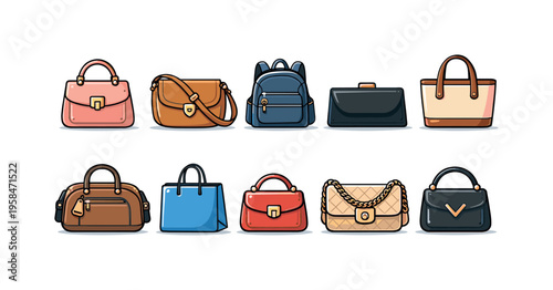 Collection of diverse handbag styles and colors, illustrated in a clean, modern flat design