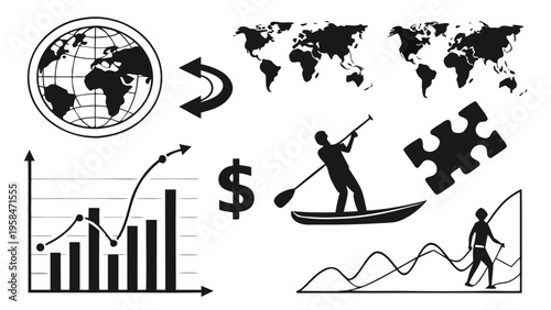 Global business concept with world map and rising graph illustration showing success and growth