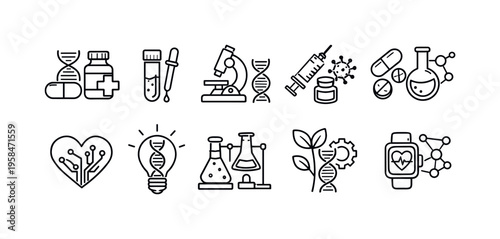 Collection of medical and scientific research icons representing innovation and discovery