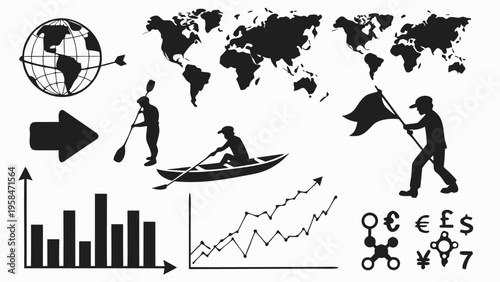 Vector illustration of business people silhouettes with world map and bar chart graph in simple icon style 