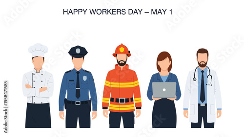 Workers' Day: Celebrating the diverse roles and contributions of workers, the image features five figures representing different professions, conveying respect and gratitude for their dedication.